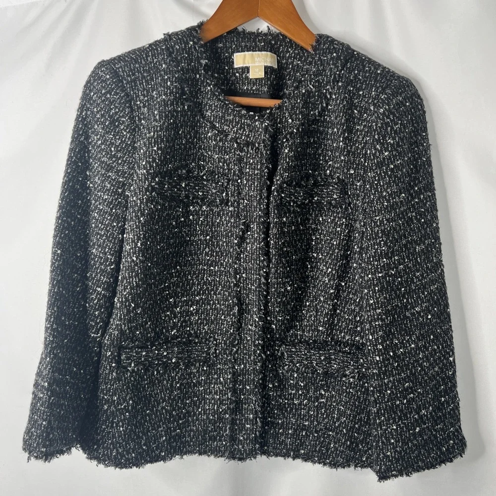 Michael Kors Women's 12 Tweed Cropped‎ Blazer Jacket Black White Snap